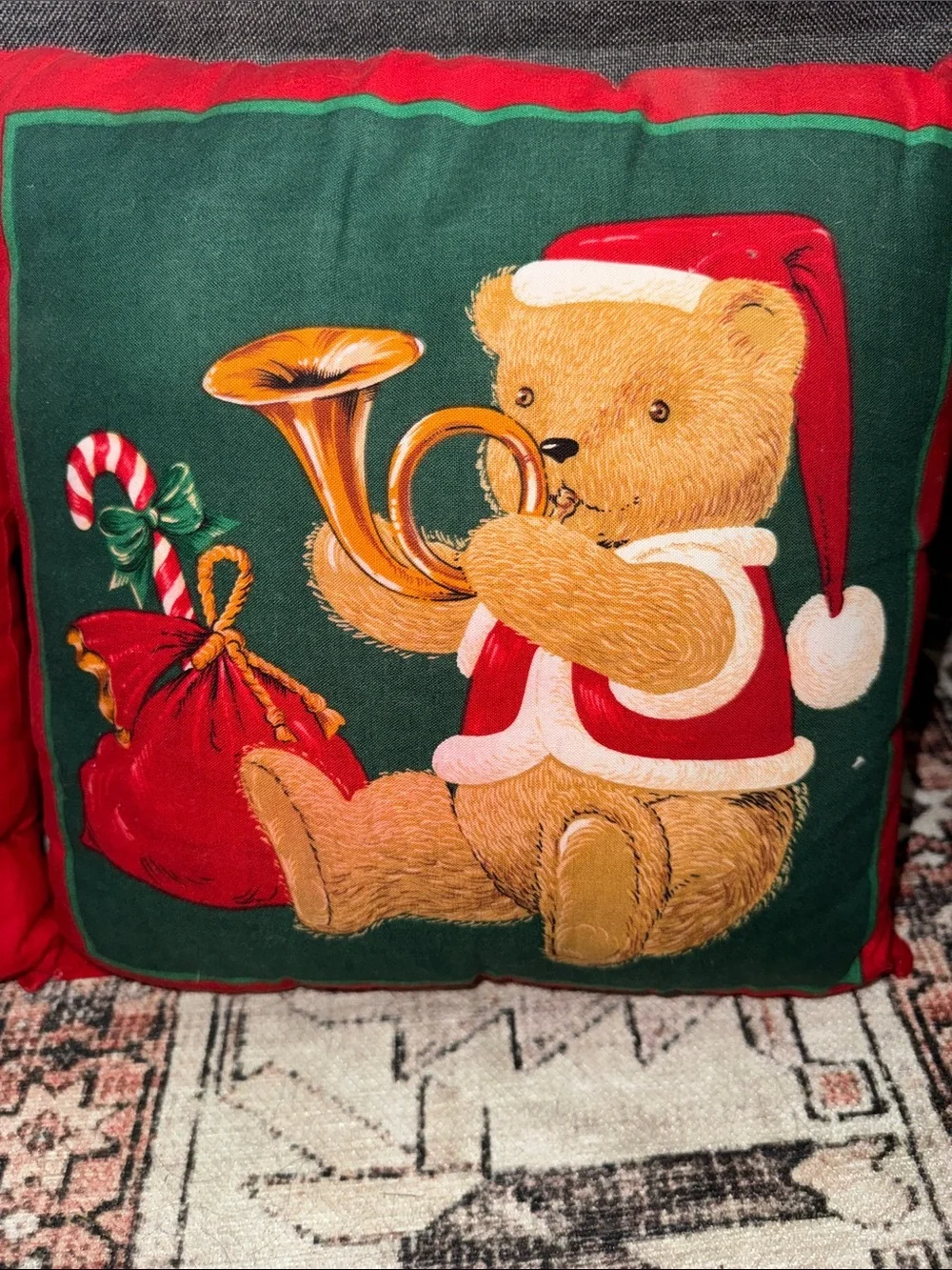 Vintage Christmas  Bear Decorative Pillow Cover Set - Green & Red